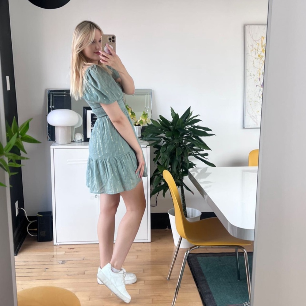 Heartloom Sage Green Puff-Sleeve Tiered Mini Dress